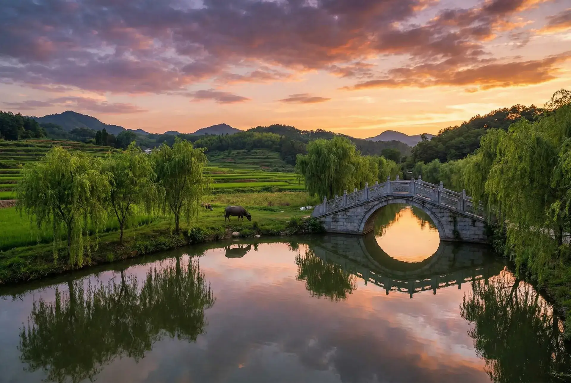 夕阳下的石拱桥与垂柳，水牛在河边吃草 - 无限影院 乡村美景