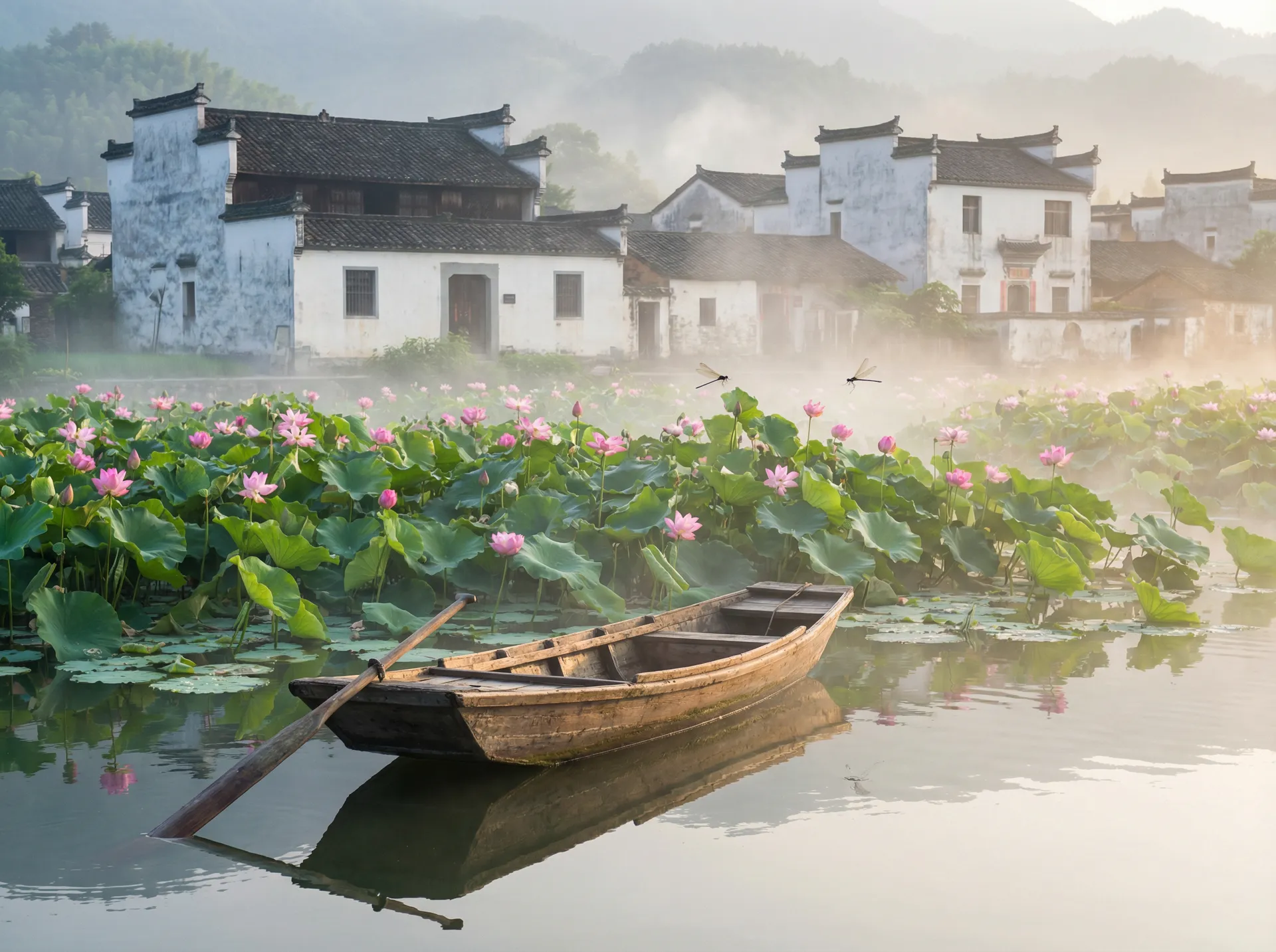 清晨荷塘小舟，粉色荷花盛开，白墙黑瓦的村庄 - 无限影院 水乡风情